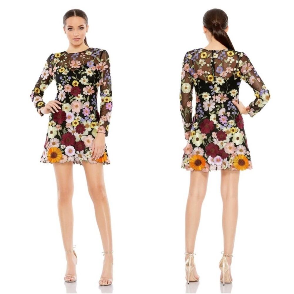 Mac Duggal Black Floral Embroidered Long Sleeve Mini Dress 2